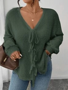 SHEIN Frenchy Plus Size Women Solid Color Knit French Fuzzy Sweater, Bowknot Front Design, Suitable For Casual, Home, School Wear, Autumn/Winter Green Cardigan - Army Green - View 3