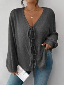 SHEIN Frenchy Atasan Wanita Ukuran Besar Warna Abu-abu Polos, Desain Pita di Depan, Leher V, Rajutan Bergaris untuk Musim Gugur, Kasual, Sehari-hari, di Rumah, Sekolah, Musim Gugur - Grey - View 6