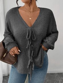 SHEIN Frenchy Atasan Wanita Ukuran Besar Warna Abu-abu Polos, Desain Pita di Depan, Leher V, Rajutan Bergaris untuk Musim Gugur, Kasual, Sehari-hari, di Rumah, Sekolah, Musim Gugur - Grey - View 3