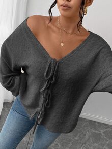 SHEIN Frenchy Atasan Wanita Ukuran Besar Warna Abu-abu Polos, Desain Pita di Depan, Leher V, Rajutan Bergaris untuk Musim Gugur, Kasual, Sehari-hari, di Rumah, Sekolah, Musim Gugur - Grey - View 5