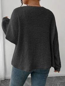 SHEIN Frenchy Atasan Wanita Ukuran Besar Warna Abu-abu Polos, Desain Pita di Depan, Leher V, Rajutan Bergaris untuk Musim Gugur, Kasual, Sehari-hari, di Rumah, Sekolah, Musim Gugur - Grey - View 2