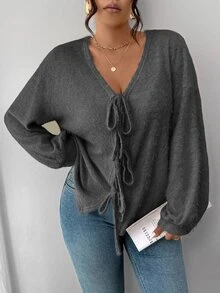 SHEIN Frenchy Atasan Wanita Ukuran Besar Warna Abu-abu Polos, Desain Pita di Depan, Leher V, Rajutan Bergaris untuk Musim Gugur, Kasual, Sehari-hari, di Rumah, Sekolah, Musim Gugur - Grey - View 7