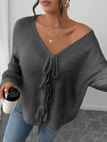 SHEIN Frenchy Atasan Wanita Ukuran Besar Warna Abu-abu Polos, Desain Pita di Depan, Leher V, Rajutan Bergaris untuk Musim Gugur, Kasual, Sehari-hari, di Rumah, Sekolah, Musim Gugur - Grey - View 4