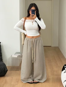 Coolane 女款大尺碼夏秋度假休閒波西米亞風優雅套裝 大尺碼抽繩腰棕色米色寬鬆高腰長褲 - 咖啡棕 - 查看 2