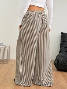 Coolane 女款大尺碼夏秋度假休閒波西米亞風優雅套裝 大尺碼抽繩腰棕色米色寬鬆高腰長褲 - 咖啡棕 - 查看 4