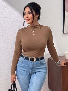 SHEIN Frenchy 大码立领褶饰修身 T 恤 - 卡其色 - 查看 8