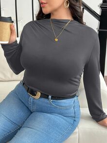 SHEIN Frenchy 大码立领褶饰修身T恤 - 深灰色 - 查看 3