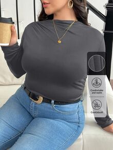 SHEIN Frenchy 大码立领褶饰修身T恤 - 深灰色 - 查看 7