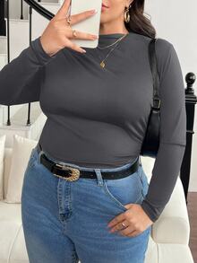 SHEIN Frenchy 大码立领褶饰修身T恤 - 深灰色 - 查看 5