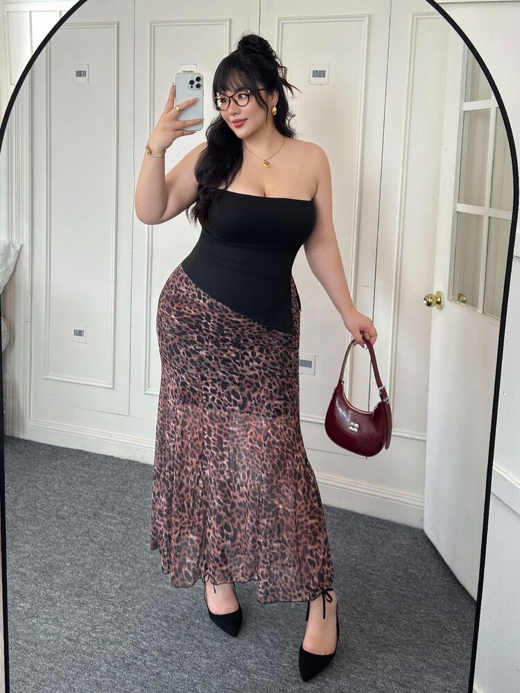 CovetEZ Plus Size Vintage Leopard Print Mesh Mermaid Long Skirt - Brown - View 5