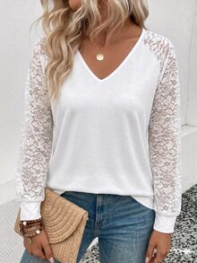 SHEIN LUNE Neue Damen-Mode in Große Größen, lässiges vielseitiges V-Ausschnitt T-Shirt mit Spitzenärmeln und langen Ärmeln - Weiss - Übersicht 3