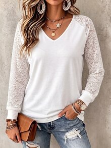 SHEIN LUNE Neue Damen-Mode in Große Größen, lässiges vielseitiges V-Ausschnitt T-Shirt mit Spitzenärmeln und langen Ärmeln - Weiss - Übersicht 8