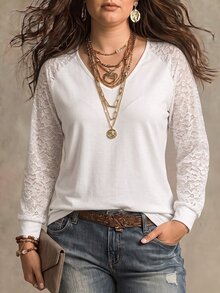 SHEIN LUNE Neue Damen-Mode in Große Größen, lässiges vielseitiges V-Ausschnitt T-Shirt mit Spitzenärmeln und langen Ärmeln - Weiss - Übersicht 1