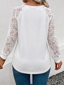 SHEIN LUNE Neue Damen-Mode in Große Größen, lässiges vielseitiges V-Ausschnitt T-Shirt mit Spitzenärmeln und langen Ärmeln - Weiss - Übersicht 2