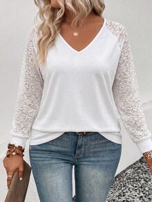 SHEIN LUNE Neue Damen-Mode in Große Größen, lässiges vielseitiges V-Ausschnitt T-Shirt mit Spitzenärmeln und langen Ärmeln - Weiss - Übersicht 5