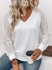 SHEIN LUNE Neue Damen-Mode in Große Größen, lässiges vielseitiges V-Ausschnitt T-Shirt mit Spitzenärmeln und langen Ärmeln - Weiss - Übersicht 7