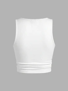 Slaydiva Summer Knitted Fine Ribbed Multi-Functional Sleeveless Short Solid Color Asymmetrical Neckline Tank Top Everyday Daytime Daily White Sexy - White - View 3