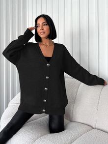 SHEIN كارديجان كاجوال نسائي مقاس طويل بلون أسود سادة مع أزرار أمامية وتفاصيل وأكتاف منسدلة - الأسود - مشاهدة 4