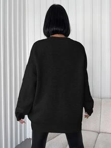 SHEIN كارديجان كاجوال نسائي مقاس طويل بلون أسود سادة مع أزرار أمامية وتفاصيل وأكتاف منسدلة - الأسود - مشاهدة 2