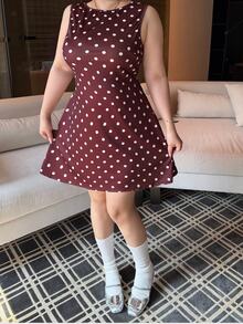 Vibekara Vintage Dark Brown Polka Dot Sleeveless Tank Mini Dress, Simple Round Neck Slimming Short Dress - Coffee Brown - View 4