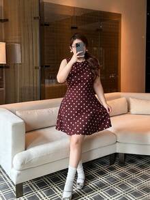 Vibekara Vintage Dark Brown Polka Dot Sleeveless Tank Mini Dress, Simple Round Neck Slimming Short Dress - Coffee Brown - View 6