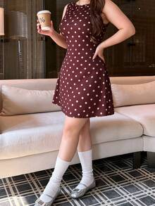 Vibekara Vintage Dark Brown Polka Dot Sleeveless Tank Mini Dress, Simple Round Neck Slimming Short Dress - Coffee Brown - View 7