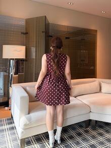 Vibekara Vintage Dark Brown Polka Dot Sleeveless Tank Mini Dress, Simple Round Neck Slimming Short Dress - Coffee Brown - View 2