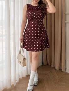 Vibekara Vintage Dark Brown Polka Dot Sleeveless Tank Mini Dress, Simple Round Neck Slimming Short Dress - Coffee Brown - View 1