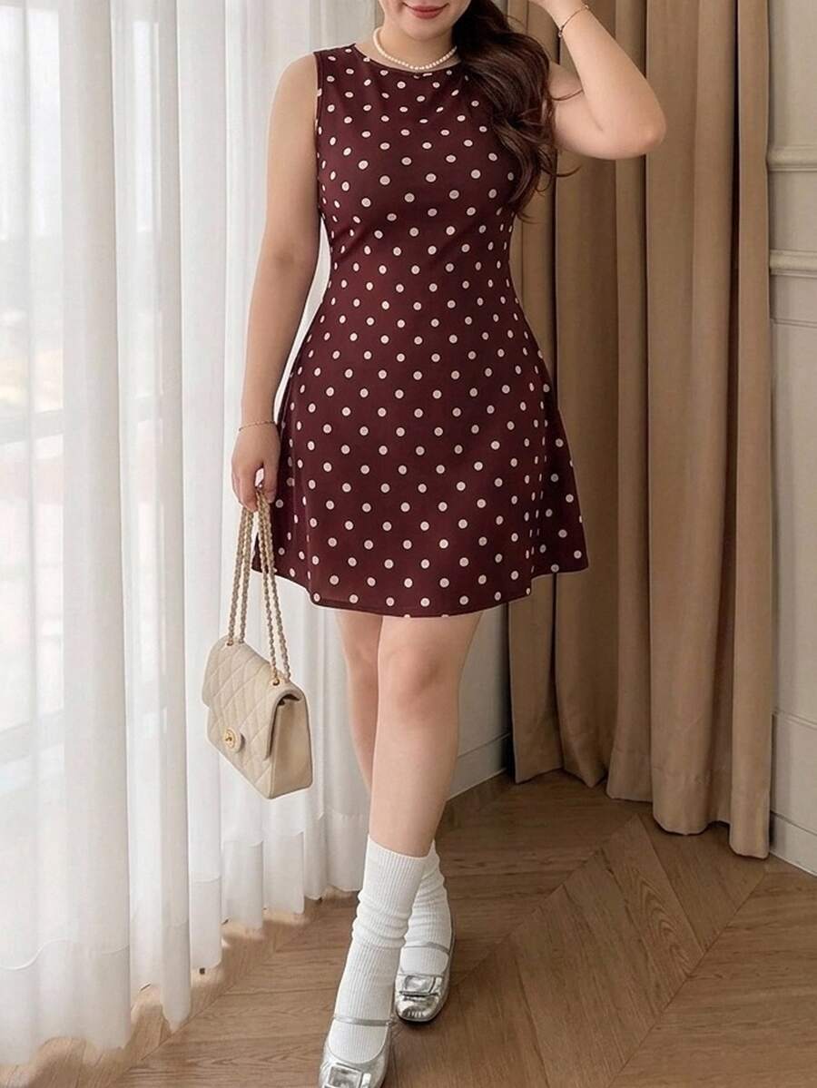 Vibekara Vintage Dark Brown Polka Dot Sleeveless Tank Mini Dress, Simple Round Neck Slimming Short Dress - Coffee Brown - View 1