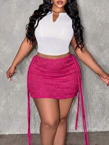 Slaydiva Conjunto de suéter y falda de talla grande unicolor sexy con lazo para citas - Rosa Fucsia - Ver 7