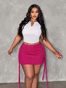 Slaydiva Conjunto de suéter y falda de talla grande unicolor sexy con lazo para citas - Rosa Fucsia - Ver 3