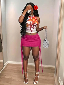 Slaydiva Conjunto de suéter y falda de talla grande unicolor sexy con lazo para citas - Rosa Fucsia - Ver 1