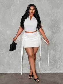Slaydiva Plus Size Women's Solid Color Tassel Design Bodycon Knit Midi Skirt - White - View 10