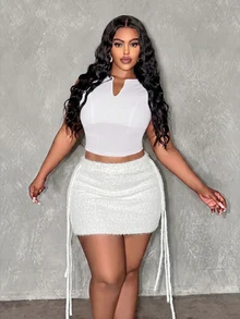 Slaydiva Plus Size Women's Solid Color Tassel Design Bodycon Knit Midi Skirt - White - View 3