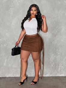 Slaydiva Plus Size Women Solid Color Patchwork Tassel Design Knit Midi Skirt - Rust Brown - View 8