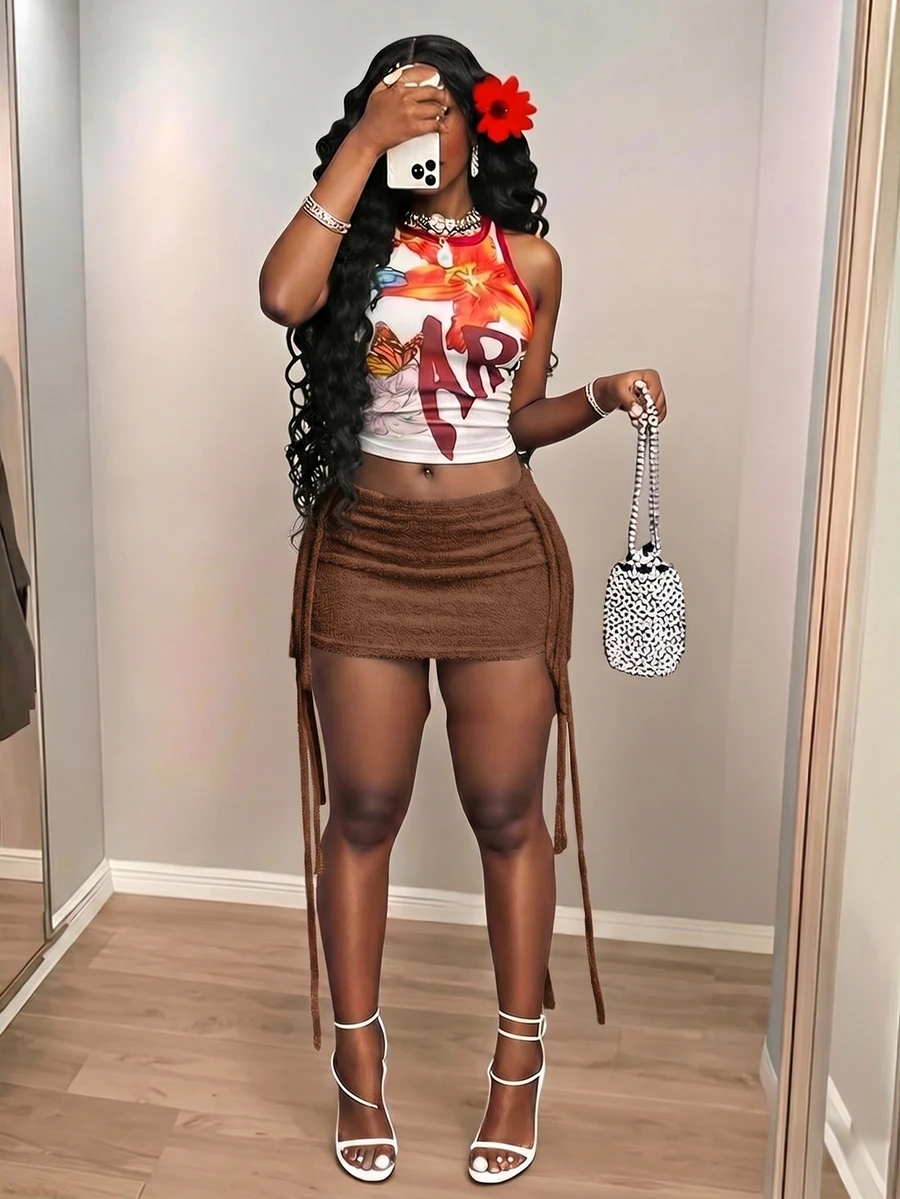 Slaydiva Plus Size Women Solid Color Patchwork Tassel Design Knit Midi Skirt - Rust Brown - View 1
