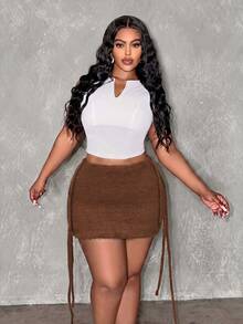 Slaydiva Plus Size Women Solid Color Patchwork Tassel Design Knit Midi Skirt - Rust Brown - View 3