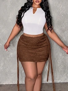 Slaydiva Plus Size Women Solid Color Patchwork Tassel Design Knit Midi Skirt - Rust Brown - View 7