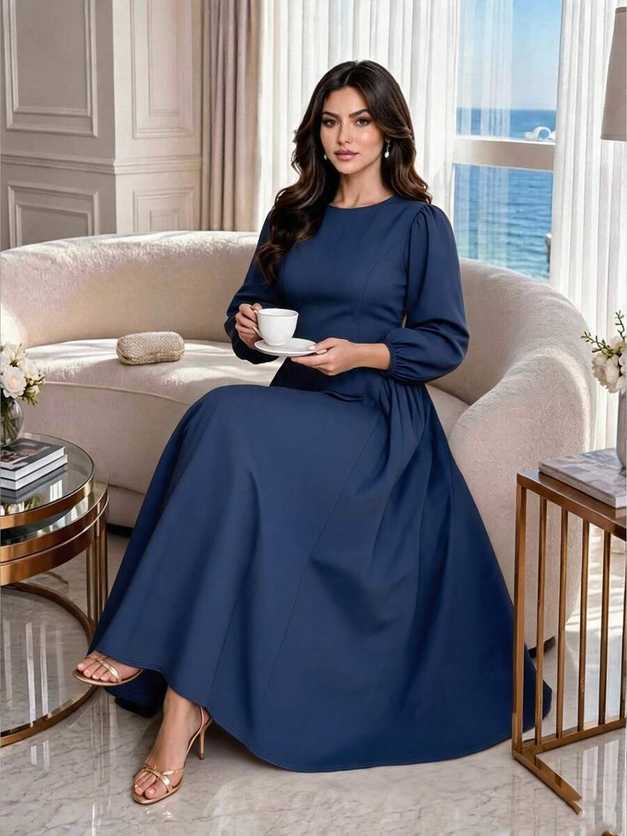 Dripcurv Plus Size Elegant Commuter Solid Color Lantern Sleeve Dress Fall,Work Dress,Work Outfits For Women.Holiday Outfits For Women,Homecoming Dresses - Blue - View 1