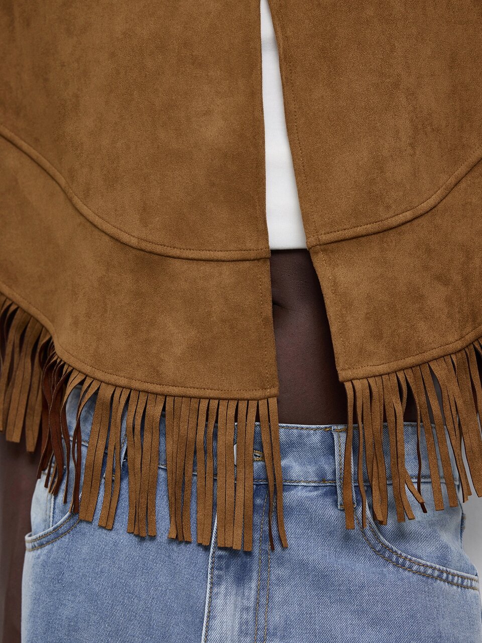 SHEIN Maija Dark Brown Suede Jacket, Shawl Collar With Fringe, Autumn/Winter Fashion Versatile Retro Western Streetwear Vintage Halloween Festival Party Holiday