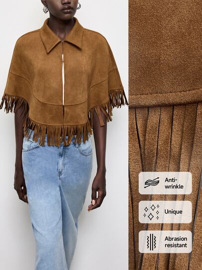 Maija Chaqueta de ante en tonos marrones, cuello chal con flecos, moda otoño/invierno versátil retro occidental estilo callejero de los 90 vintage para fiesta de festival de Halloween