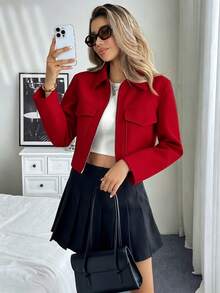 SHEIN PariChic 女式纯色长袖拉链领实用口袋休闲夹克，秋季 - 紅色 - 查看 3