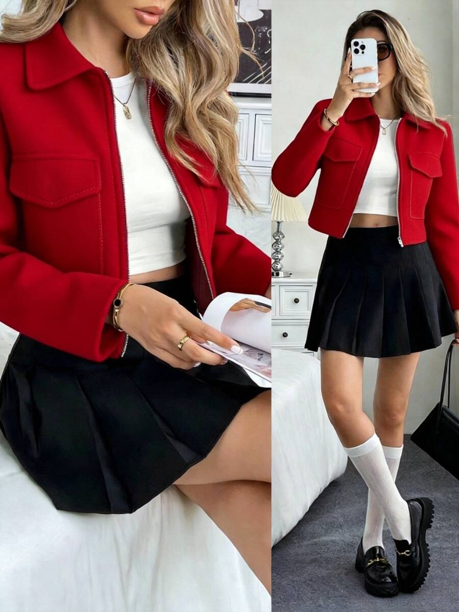 SHEIN PariChic 女式纯色长袖拉链领实用口袋休闲夹克，秋季 - 紅色 - 查看 1