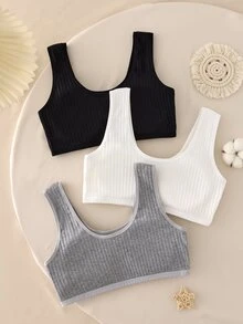 3件組女款青少年白色、黑色、粉色蝴蝶結羅紋可正反穿運動背心內衣 灰色 夏季可愛青少年款 - 黑與白 - 查看 3