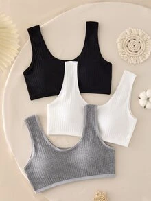 3件組女款青少年白色、黑色、粉色蝴蝶結羅紋可正反穿運動背心內衣 灰色 夏季可愛青少年款 - 黑與白 - 查看 4