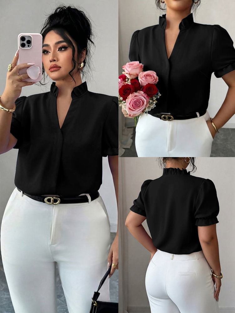 Elenzga Plus Size Elegant Solid Color Collared Blouse For Commuting - Black - View 1