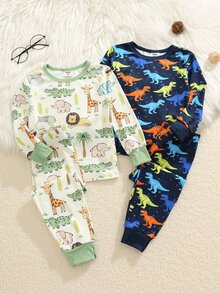 SHEIN 幼兒貼身卡通恐龍圖案居家睡衣套裝 隨機4款 2套發貨 - 彩色 - 查看 3