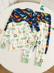 SHEIN 幼兒貼身卡通恐龍圖案居家睡衣套裝 隨機4款 2套發貨 - 彩色 - 查看 2