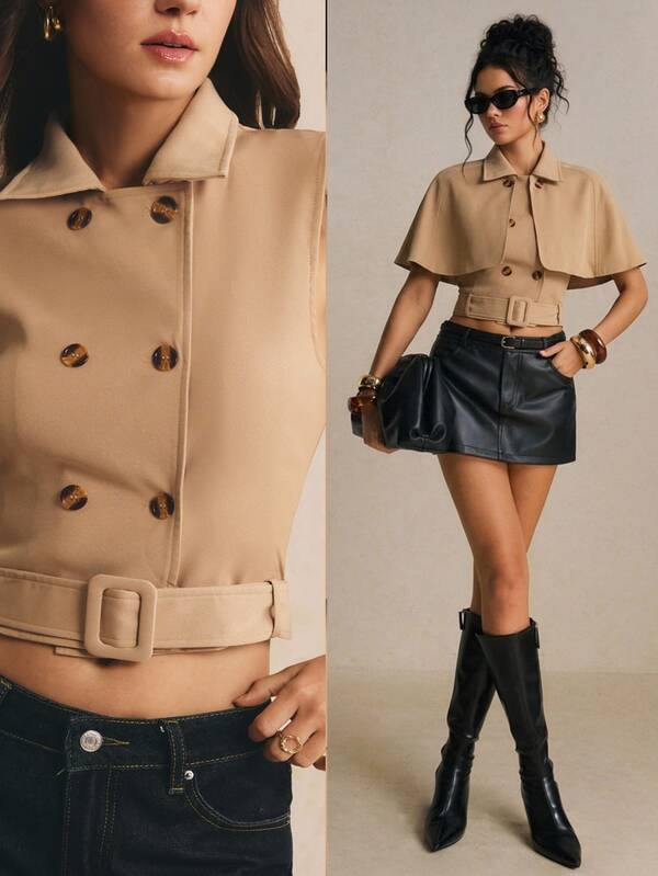 Poéselle Women's Button Fashion Belt Cropped Vest Business Streetwear Elegant Teachers' Day Office Khaki Spring
