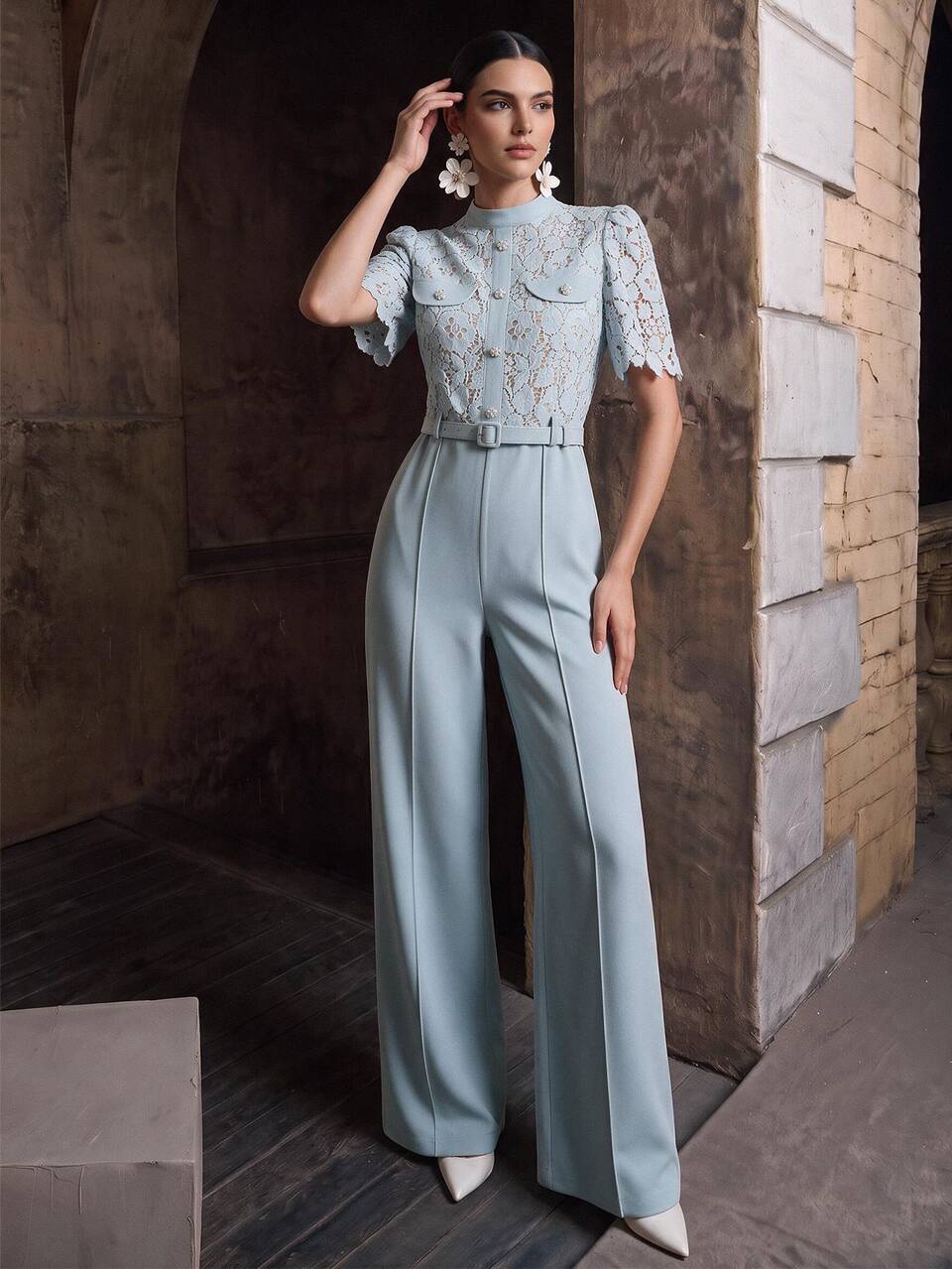 Anewsta Chic Women's Light Blue Belted Jumpsuit With Intricate Lace Detail And Wide Leg Design